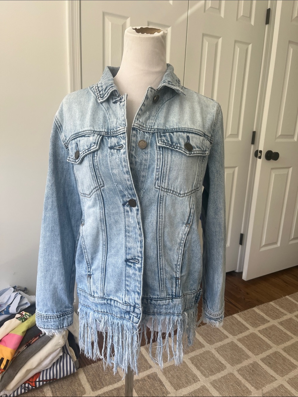 Blank NYC Light Blue Distressed Fringe Denim Jacket